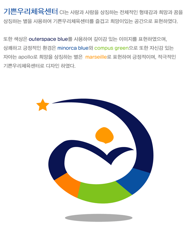 기쁜우리체육센터 CI는 사랑과 사람을 상징하는 전체적인 형태감과 희망과 꿈을 
상징하는 별을 사용하여 기쁜우리체육센터를 즐겁고 희망이있는 공간으로 표현하였다. 

또한 색상은 outerspace blue를 사용하여 깊이감 있는 이미지를 표현하였으며, 
상쾌하고 긍정적인 환경은 minorca blue와 compus green으로 또한 자신감 있는 
자아는 apollo로 희망을 상징하는 별은  marseille로 표현하여 긍정적이며, 적극적인 
기쁜우리체육센터로 디자인 하였다.